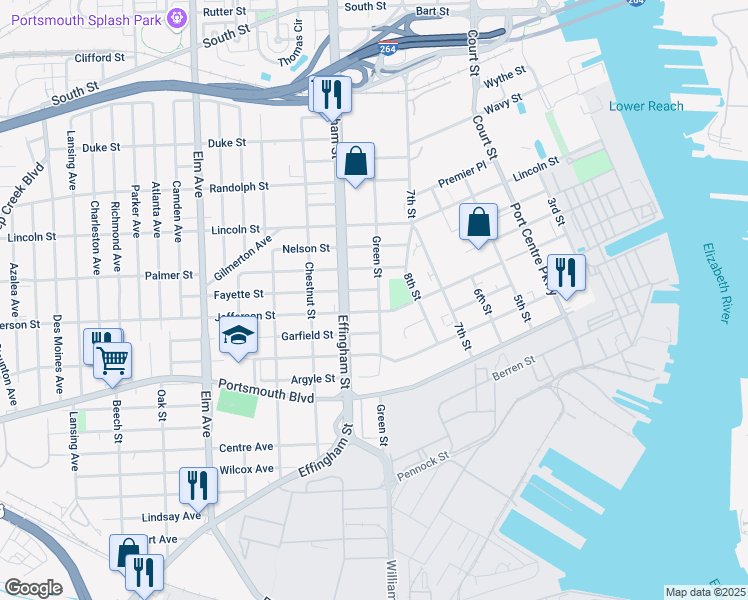 map of restaurants, bars, coffee shops, grocery stores, and more near 2224 Green Street in Portsmouth