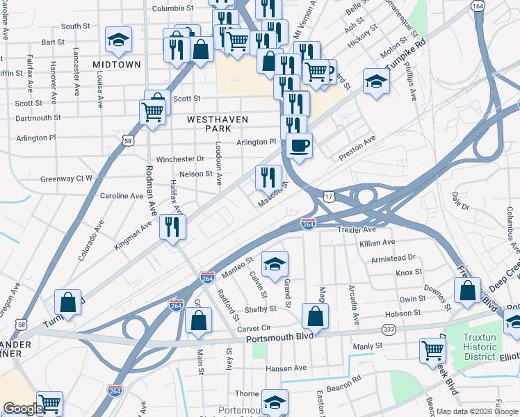map of restaurants, bars, coffee shops, grocery stores, and more near 308 Dixie Avenue in Portsmouth