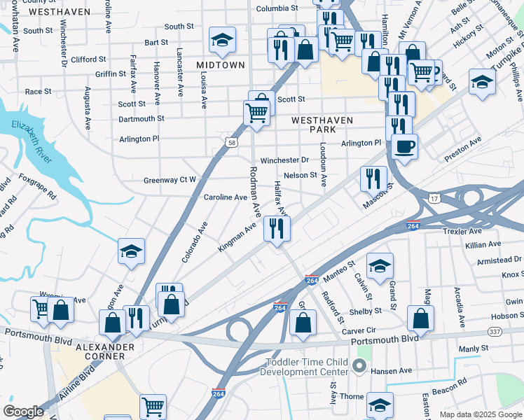 map of restaurants, bars, coffee shops, grocery stores, and more near 2108 Rodman Avenue in Portsmouth