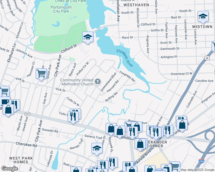 map of restaurants, bars, coffee shops, grocery stores, and more near 42 Greeneland Boulevard in Portsmouth