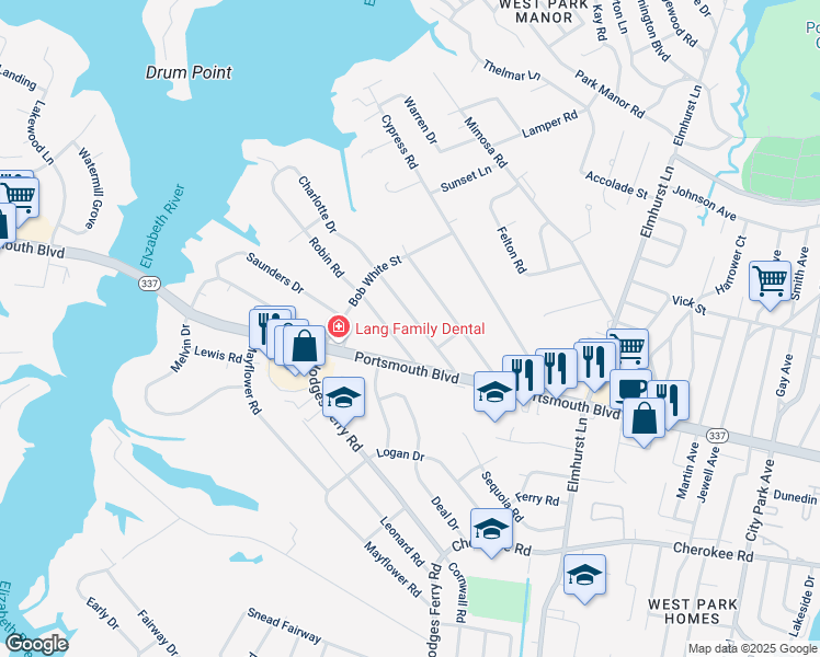 map of restaurants, bars, coffee shops, grocery stores, and more near 203 Robin Road in Portsmouth