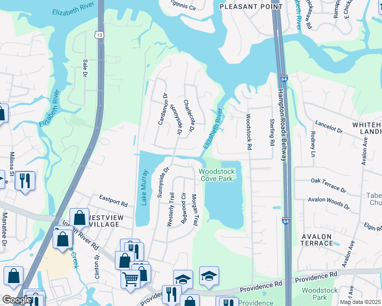 map of restaurants, bars, coffee shops, grocery stores, and more near 6117 Partridge Drive in Virginia Beach