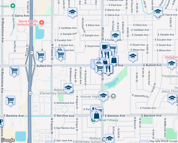 map of restaurants, bars, coffee shops, grocery stores, and more near 5742 North Orchard Street in Fresno