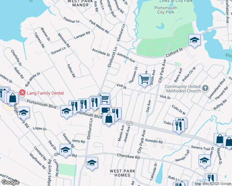 map of restaurants, bars, coffee shops, grocery stores, and more near 25 Roberts Court West in Portsmouth
