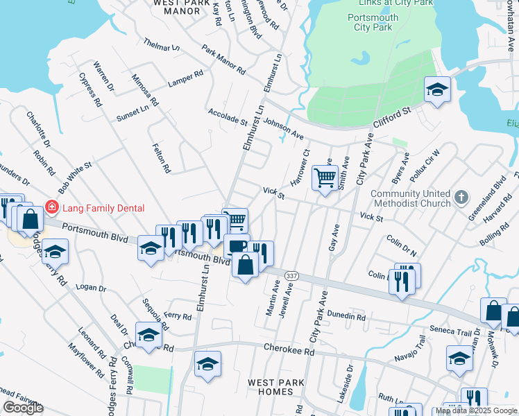 map of restaurants, bars, coffee shops, grocery stores, and more near 25 Roberts Court West in Portsmouth