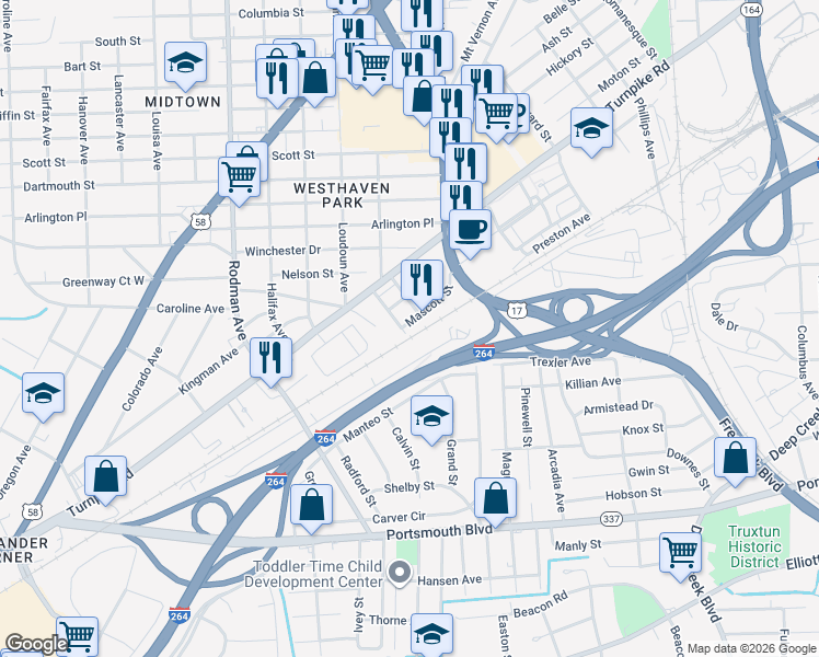 map of restaurants, bars, coffee shops, grocery stores, and more near 308 Dixie Avenue in Portsmouth