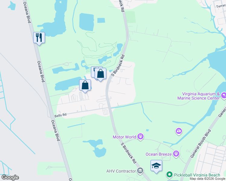 map of restaurants, bars, coffee shops, grocery stores, and more near 1076 Olds Lane in Virginia Beach