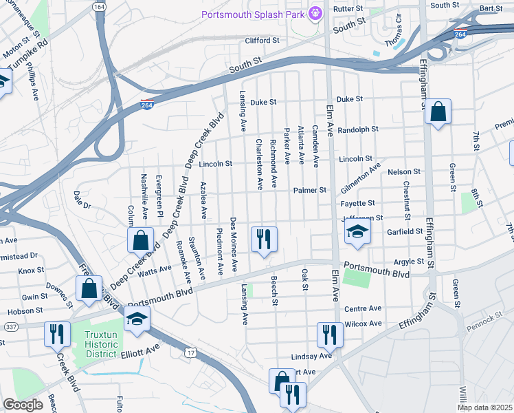 map of restaurants, bars, coffee shops, grocery stores, and more near 2118 Charleston Avenue in Portsmouth