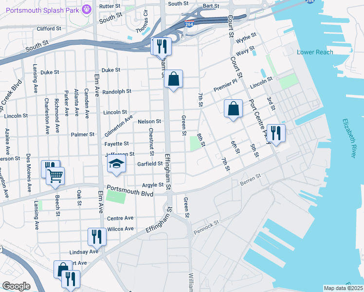 map of restaurants, bars, coffee shops, grocery stores, and more near 2224 Green Street in Portsmouth