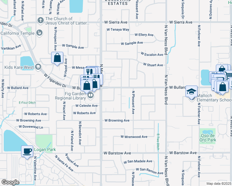 map of restaurants, bars, coffee shops, grocery stores, and more near 5784 North Monte Avenue in Fresno