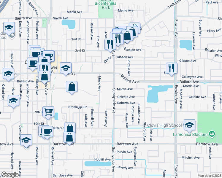map of restaurants, bars, coffee shops, grocery stores, and more near 656 Sunnyside Avenue in Clovis