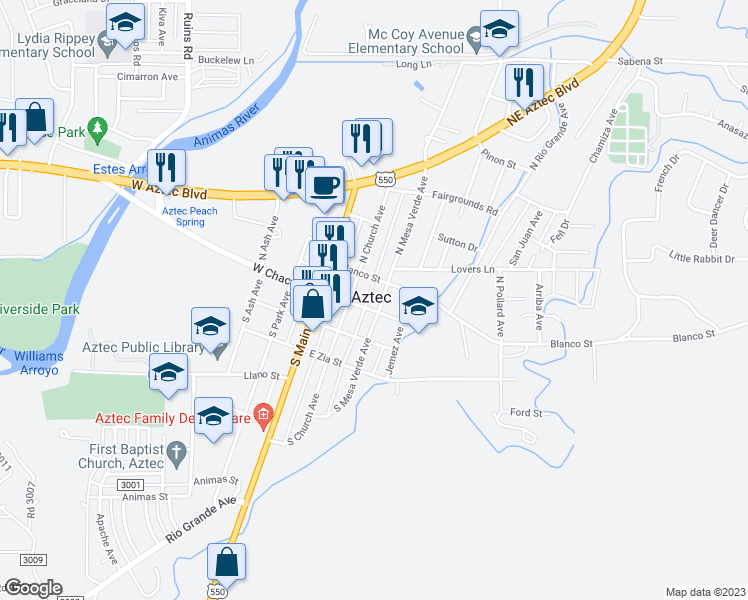 map of restaurants, bars, coffee shops, grocery stores, and more near 107 North Mesa Verde Avenue in Aztec