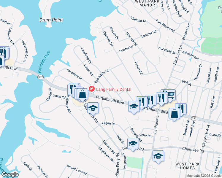 map of restaurants, bars, coffee shops, grocery stores, and more near 203 Robin Road in Portsmouth