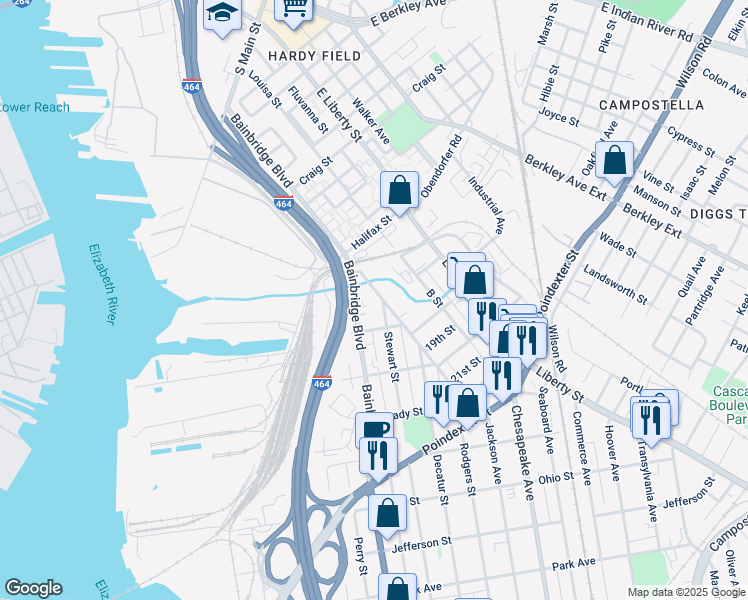 map of restaurants, bars, coffee shops, grocery stores, and more near 210 D Street in Chesapeake