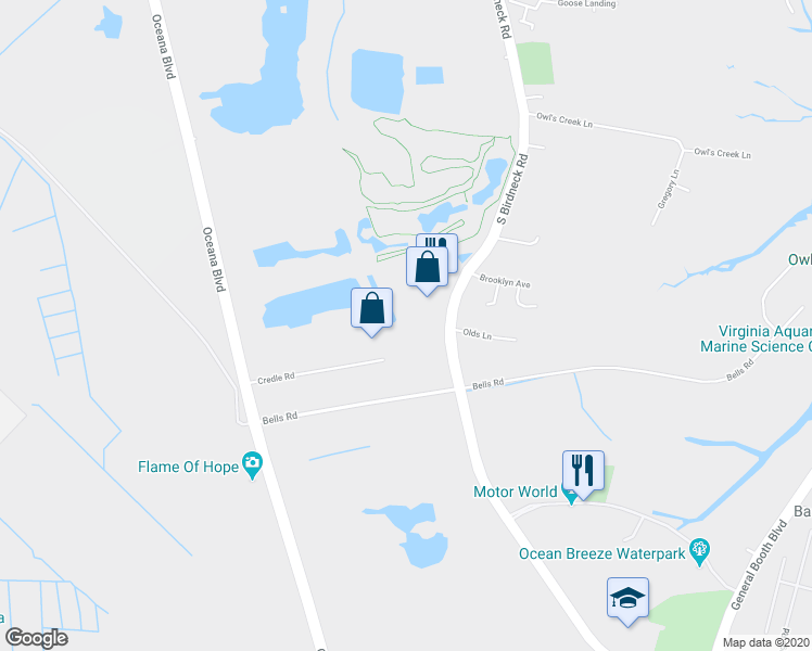 map of restaurants, bars, coffee shops, grocery stores, and more near 585 South Birdneck Road in Virginia Beach
