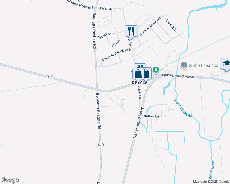 map of restaurants, bars, coffee shops, grocery stores, and more near 2957 Kings Highway in Suffolk