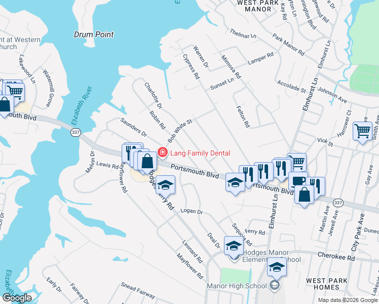 map of restaurants, bars, coffee shops, grocery stores, and more near 203 Robin Road in Portsmouth
