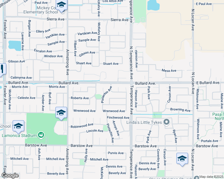 map of restaurants, bars, coffee shops, grocery stores, and more near 2519 Celeste Avenue in Clovis