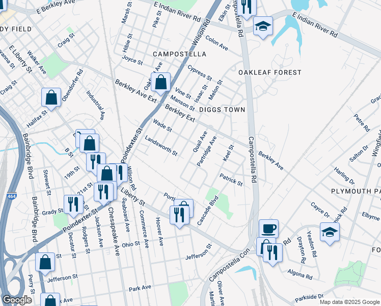 map of restaurants, bars, coffee shops, grocery stores, and more near 728 Quail Avenue in Chesapeake