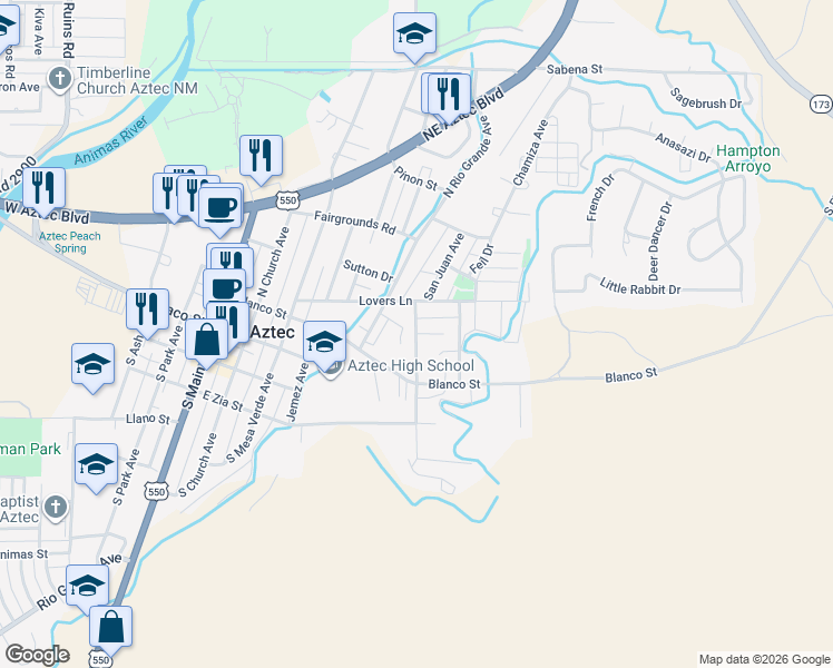 map of restaurants, bars, coffee shops, grocery stores, and more near 214 Pollard Avenue in Aztec