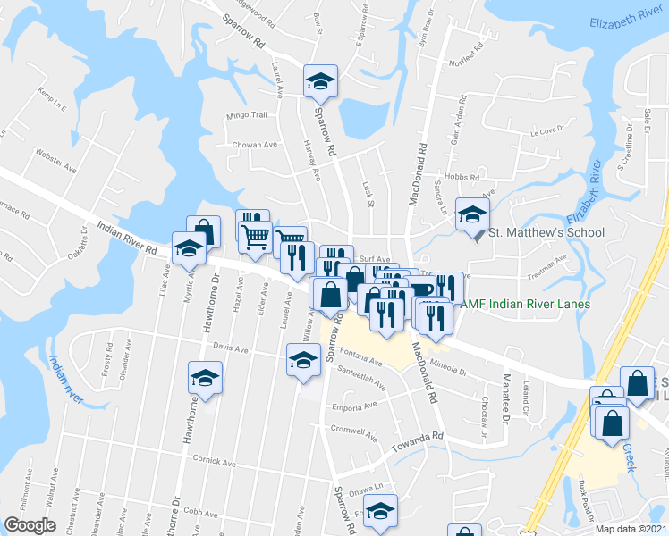 map of restaurants, bars, coffee shops, grocery stores, and more near 4212 Nautilus Avenue in Chesapeake
