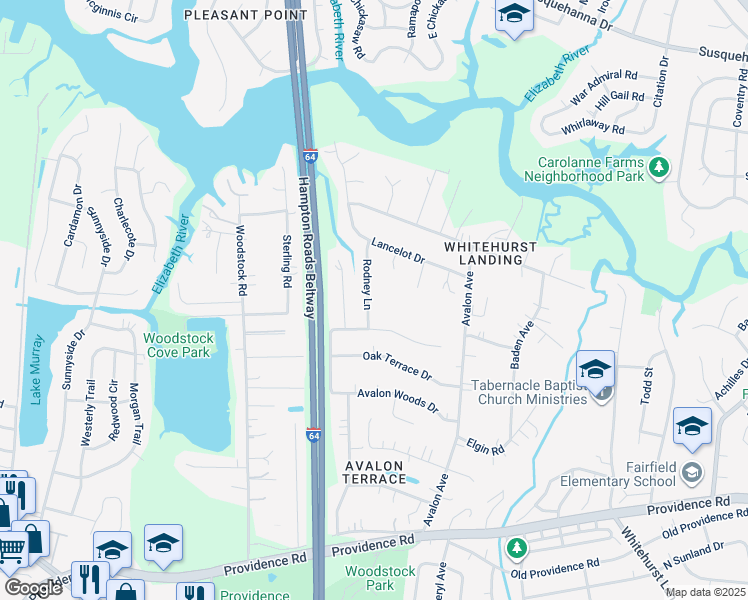 map of restaurants, bars, coffee shops, grocery stores, and more near 528 Rodney Lane in Virginia Beach
