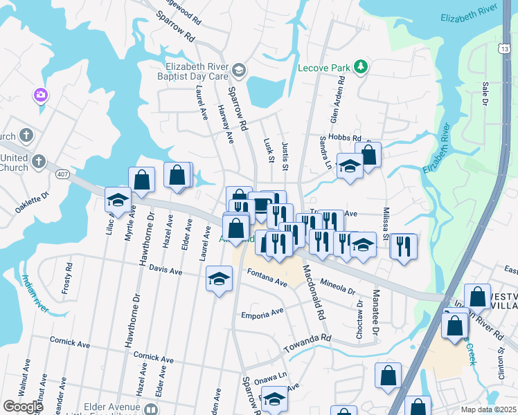 map of restaurants, bars, coffee shops, grocery stores, and more near 903 Sparrow Road in Chesapeake