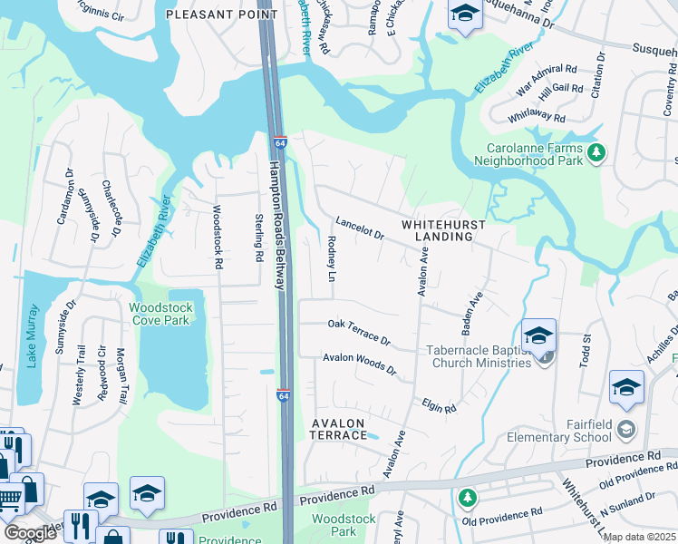 map of restaurants, bars, coffee shops, grocery stores, and more near 528 Rodney Lane in Virginia Beach
