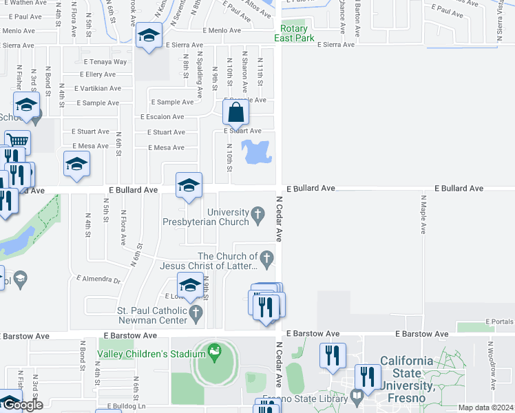 map of restaurants, bars, coffee shops, grocery stores, and more near 5739 North Cedar Avenue in Fresno
