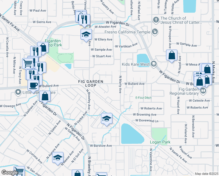 map of restaurants, bars, coffee shops, grocery stores, and more near 5787 North Marty Avenue in Fresno