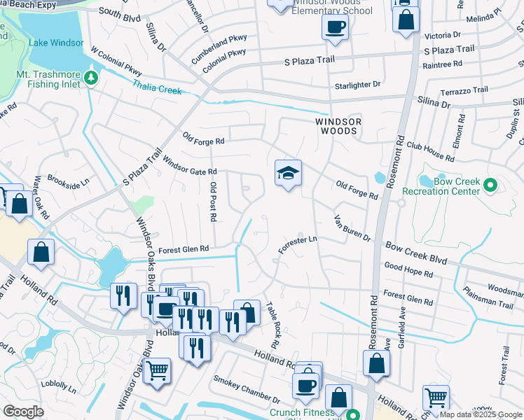 map of restaurants, bars, coffee shops, grocery stores, and more near 572 Windsor Gate Road in Virginia Beach
