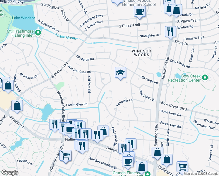 map of restaurants, bars, coffee shops, grocery stores, and more near 572 Windsor Gate Road in Virginia Beach