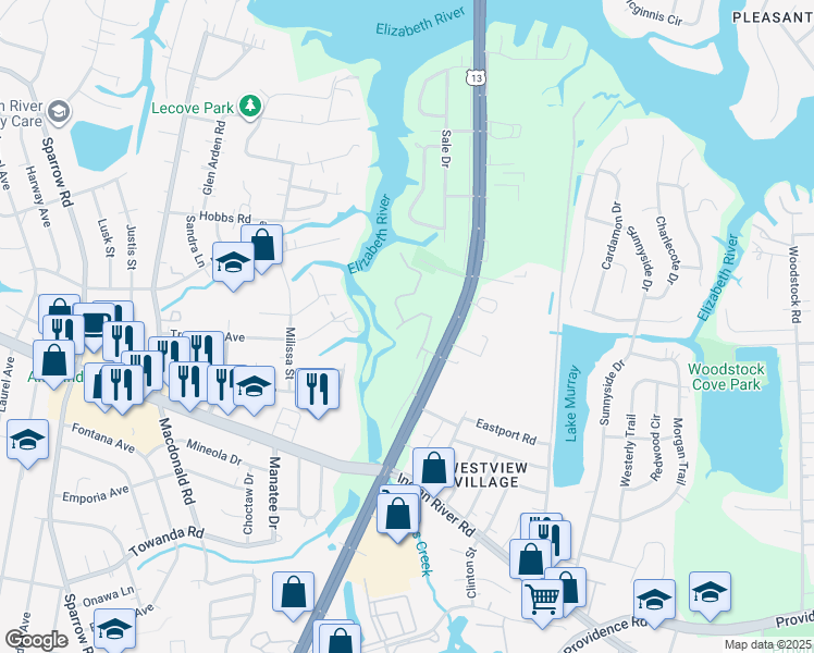 map of restaurants, bars, coffee shops, grocery stores, and more near 1001 Pebblewood Drive in Virginia Beach