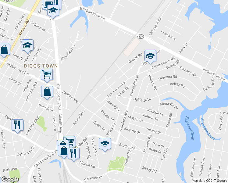 map of restaurants, bars, coffee shops, grocery stores, and more near 1426 Tatemstown Road in Chesapeake