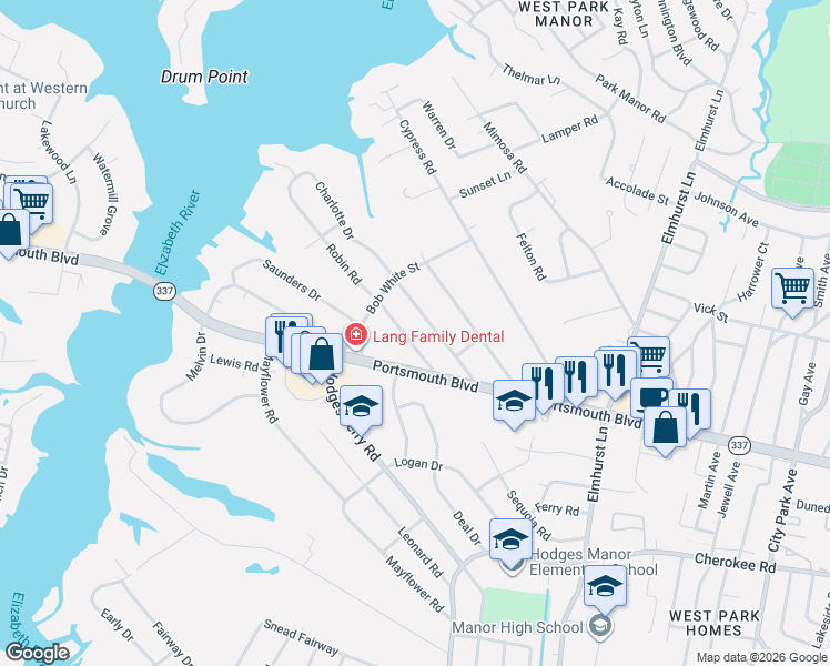 map of restaurants, bars, coffee shops, grocery stores, and more near 203 Robin Road in Portsmouth