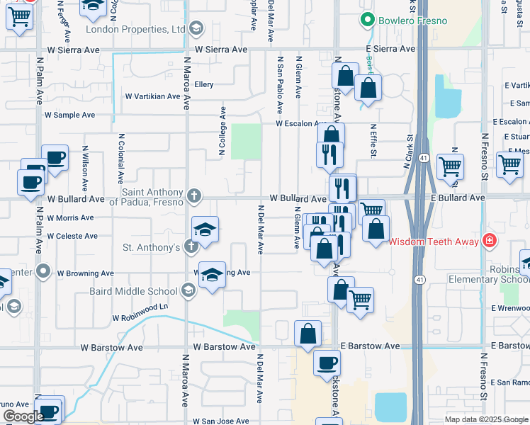 map of restaurants, bars, coffee shops, grocery stores, and more near 188 West Morris Avenue in Fresno