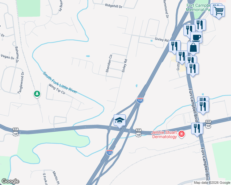map of restaurants, bars, coffee shops, grocery stores, and more near 1025 Sivley Road in Hopkinsville