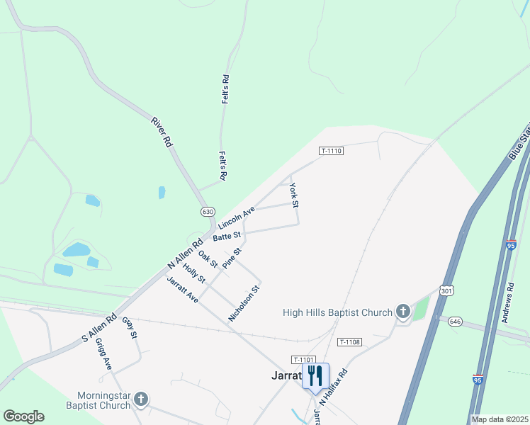 map of restaurants, bars, coffee shops, grocery stores, and more near 307 Washington Avenue in Jarratt