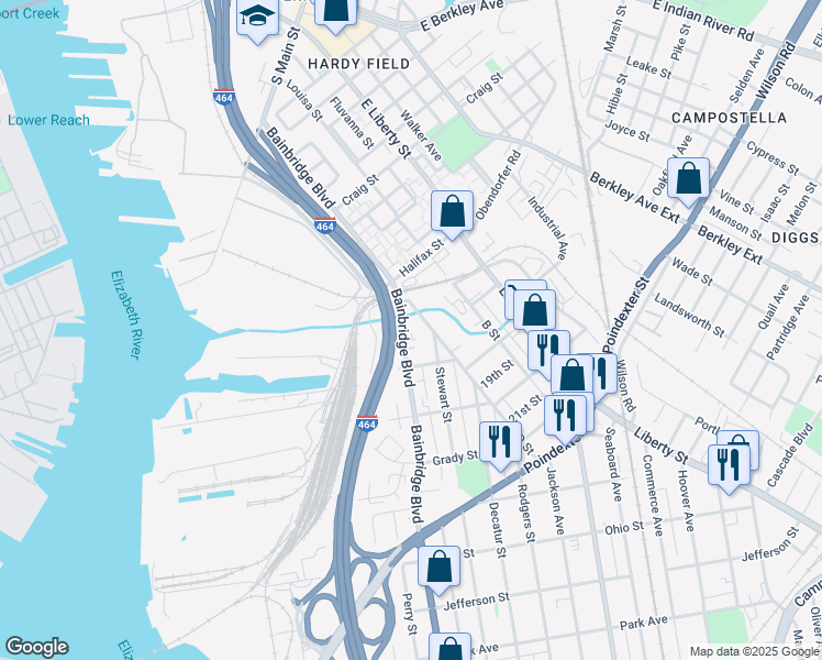 map of restaurants, bars, coffee shops, grocery stores, and more near 713 Bainbridge Boulevard in Chesapeake