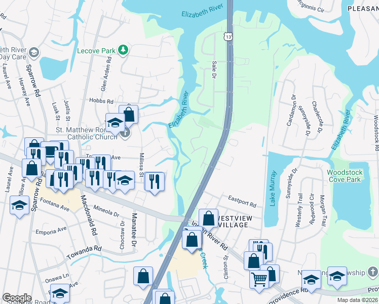 map of restaurants, bars, coffee shops, grocery stores, and more near 1001 Pebblewood Drive in Virginia Beach