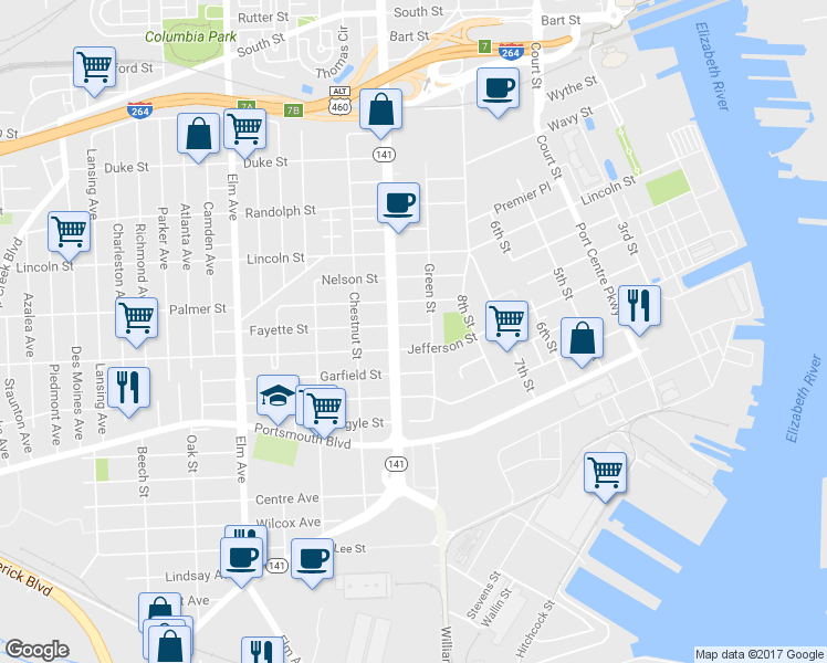 map of restaurants, bars, coffee shops, grocery stores, and more near 725 Fayette Street in Portsmouth
