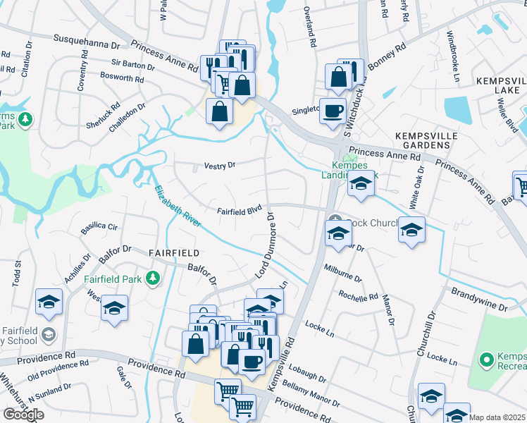 map of restaurants, bars, coffee shops, grocery stores, and more near 601 Lord Dunmore Drive in Virginia Beach