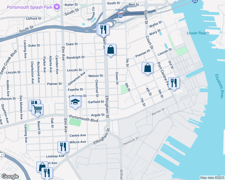 map of restaurants, bars, coffee shops, grocery stores, and more near 725 Fayette Street in Portsmouth