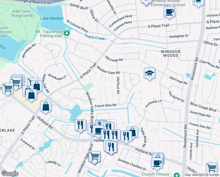 map of restaurants, bars, coffee shops, grocery stores, and more near 581 Woodbine Lane in Virginia Beach