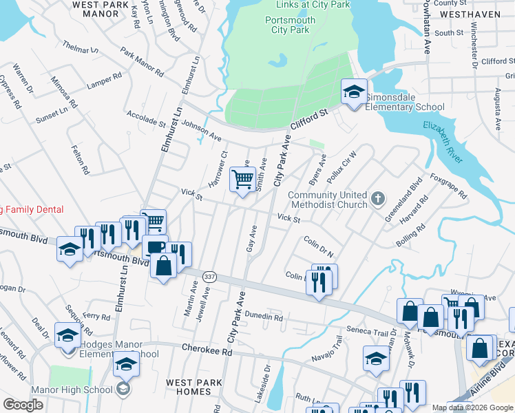 map of restaurants, bars, coffee shops, grocery stores, and more near 5020 Vick Street in Portsmouth