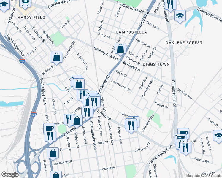 map of restaurants, bars, coffee shops, grocery stores, and more near 5236 Wilson Road in Chesapeake