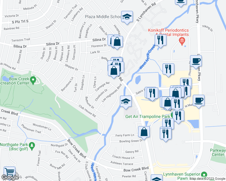 map of restaurants, bars, coffee shops, grocery stores, and more near 417 Lee Highlands Boulevard in Virginia Beach