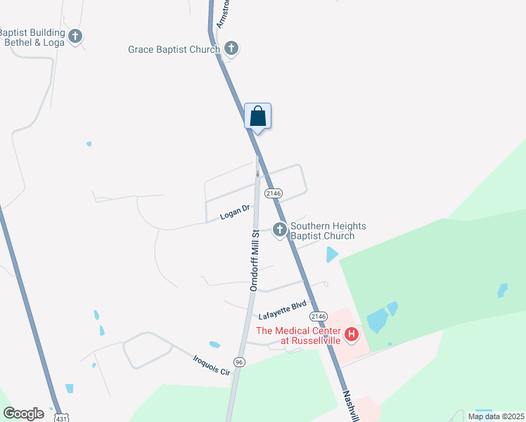 map of restaurants, bars, coffee shops, grocery stores, and more near Nashville Road in Russellville