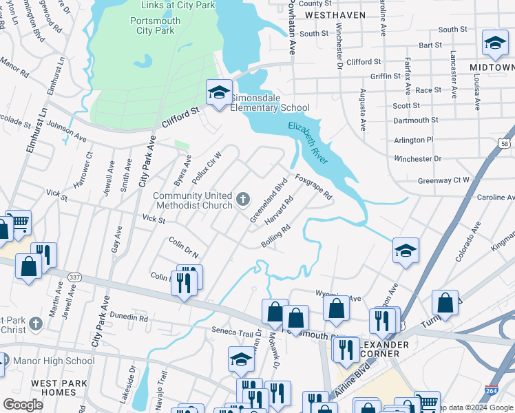 map of restaurants, bars, coffee shops, grocery stores, and more near 41 Greeneland Boulevard in Portsmouth