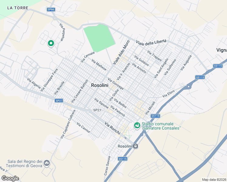 map of restaurants, bars, coffee shops, grocery stores, and more near Via Alessandro Manzoni in Rosolini
